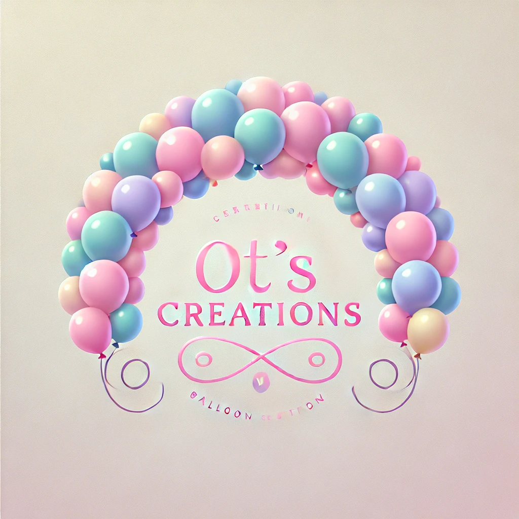 DALL·E 2024-08-25 00.49.11 - A pastel-colored logo for a balloon company named 'OT's Creations.' This design features an arch of pastel-colored balloons in soft pinks, blues, yell
